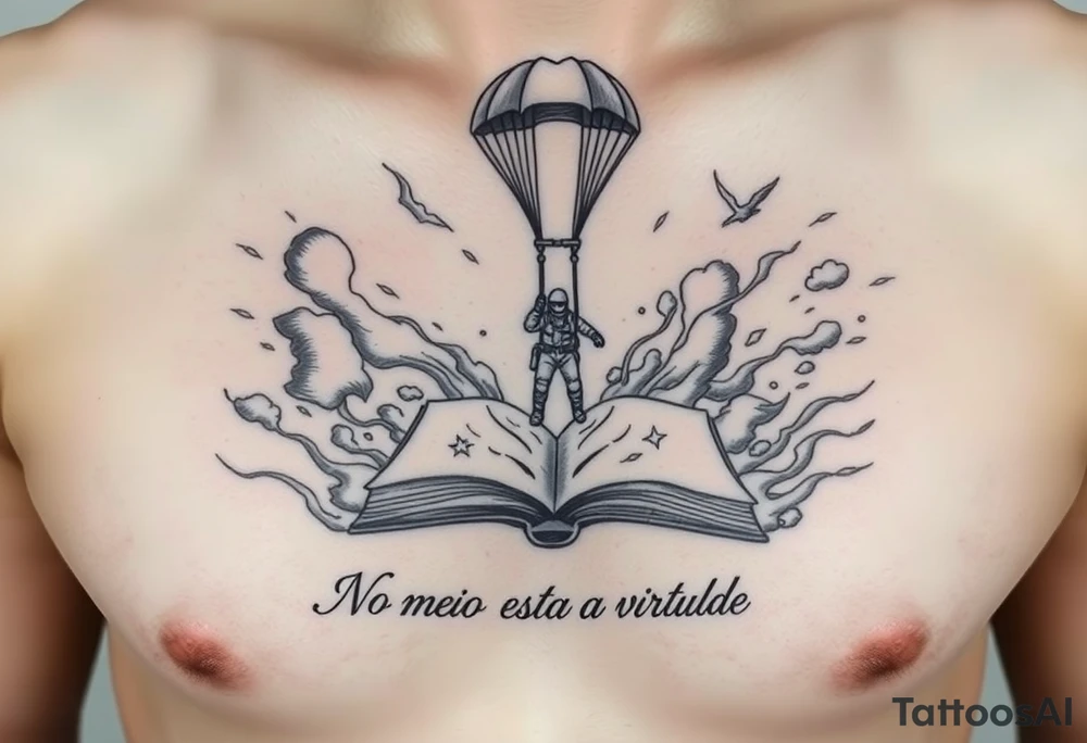A parachuting soldier landing into an open book. Chaos surrounding, but the book is protecting the soldier from it. On the chest. Make it smaller. Make it thought provoking. "No meio esta a virtude" underneath the book. Make the chaos in the environment be a windstorm tattoo idea