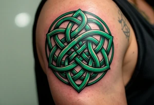 A dark green Celtic knot shield with woven loops symbolizing eternal protection. tattoo idea
