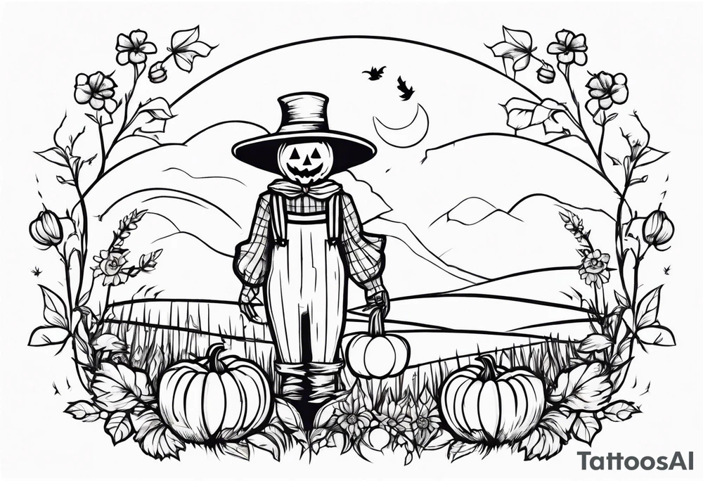 friendly scarecrow with pumpkins and flowers tattoo idea