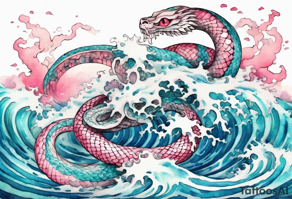 a pretty turquoise pink and white serpent rising from the blue waves of the ocean tattoo idea