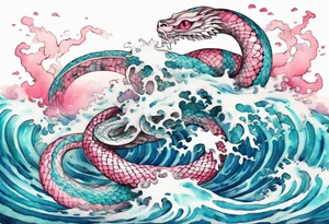 a pretty turquoise pink and white serpent rising from the blue waves of the ocean tattoo idea