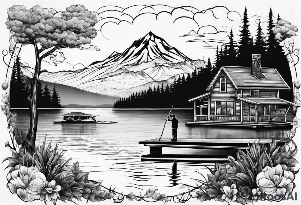 Lake view with wharf and sup tattoo idea