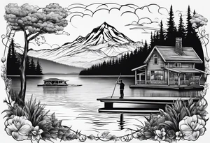 Lake view with wharf and sup tattoo idea