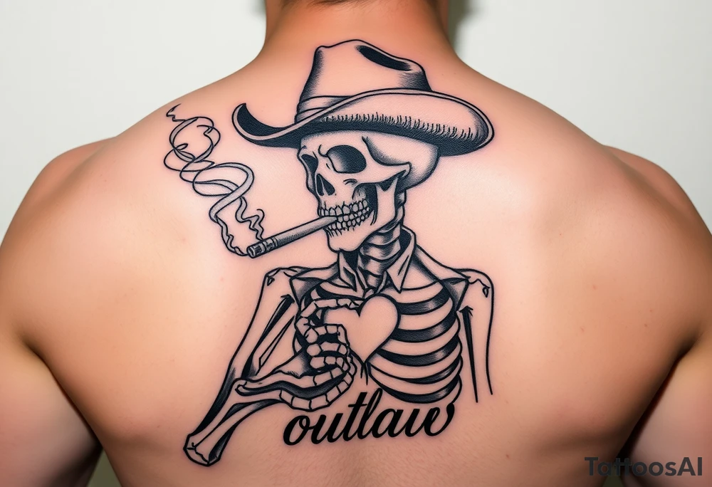 I have a skeleton cowboy smoking a cigarette with smoke that shapes into a heart. It says “wanted” above it and “outlaw” under it. I’d like “777” or a sheriff badge in the background tattoo idea