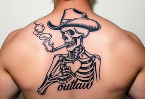 I have a skeleton cowboy smoking a cigarette with smoke that shapes into a heart. It says “wanted” above it and “outlaw” under it. I’d like “777” or a sheriff badge in the background tattoo idea