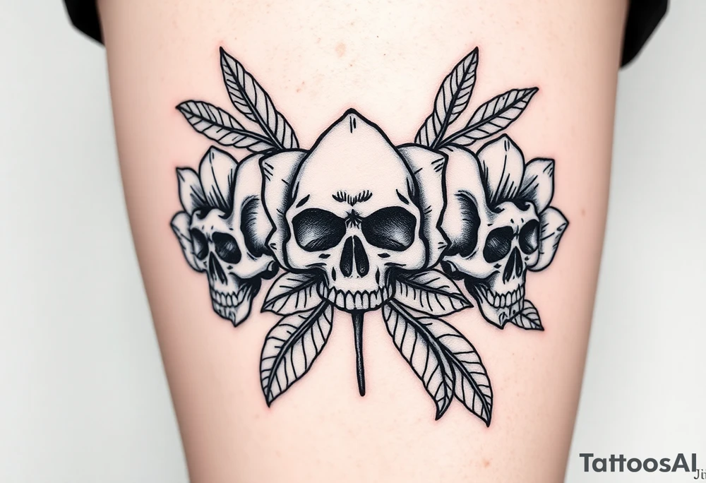 Three Flowers with skulls in the center of the flowers tattoo idea