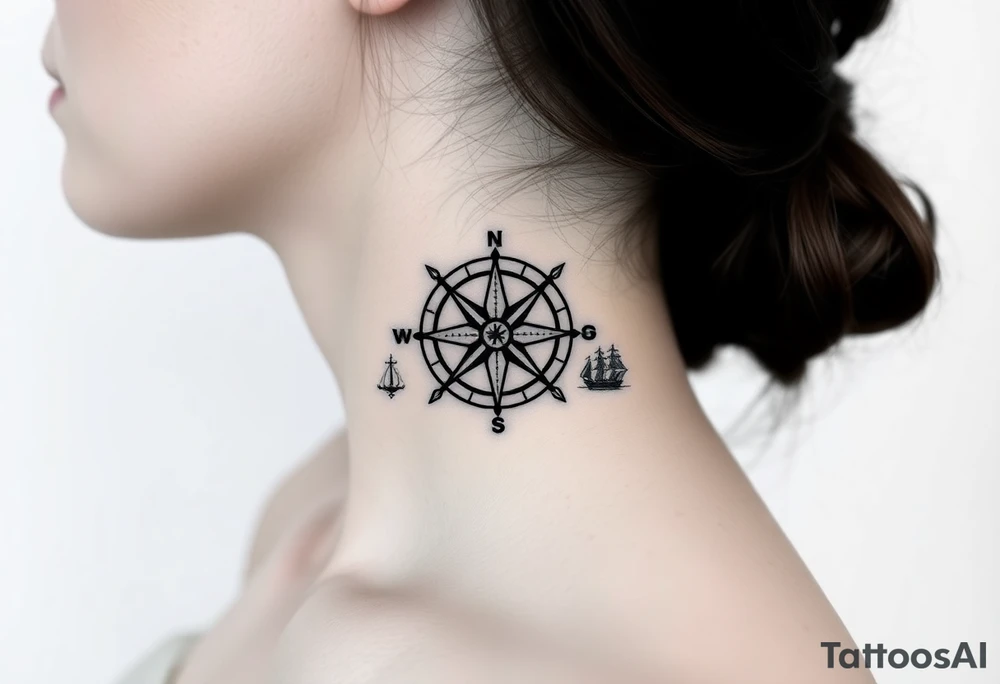 antique compass rose overlaid on weathered world map with sailing ships tattoo idea
