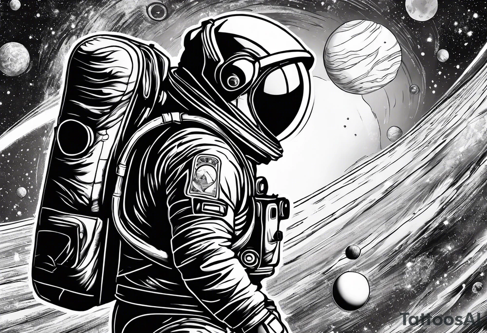 an astronaut hunched over in space from the back holding a planet in his hands tattoo idea