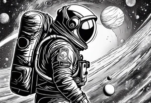 an astronaut hunched over in space from the back holding a planet in his hands tattoo idea
