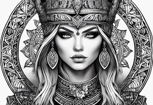 Viking, feminine warrior, mandala, bedroom eyes, headshot, closeup, full design, princess tattoo idea