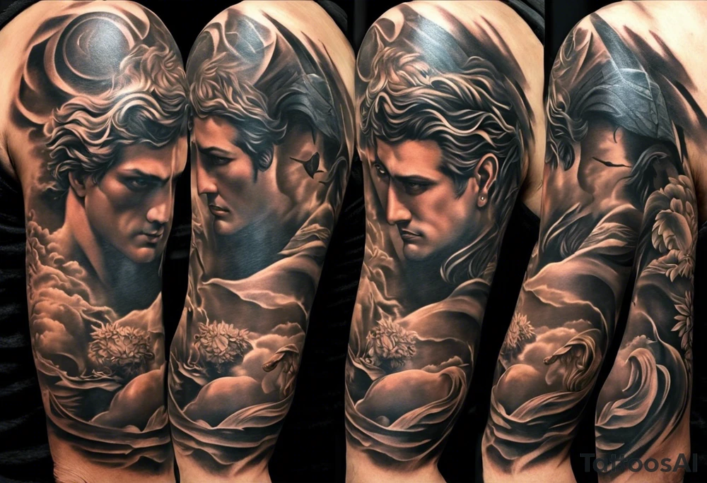 Im a businessman and I had a very long and hard time, chasing my dreams, not giving up, hard work, dedication, focus, heart broken, recovered, pushing hard, got broke and gained again. I like greek gods and I want a full sleeve tattoo exactly telling me the story of my life tattoo idea