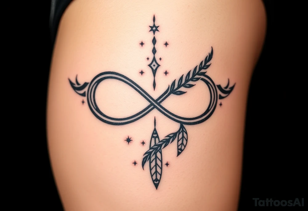 infinity symbol woven with floating feathers and stardust tattoo idea