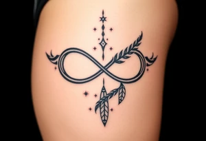 infinity symbol woven with floating feathers and stardust tattoo idea