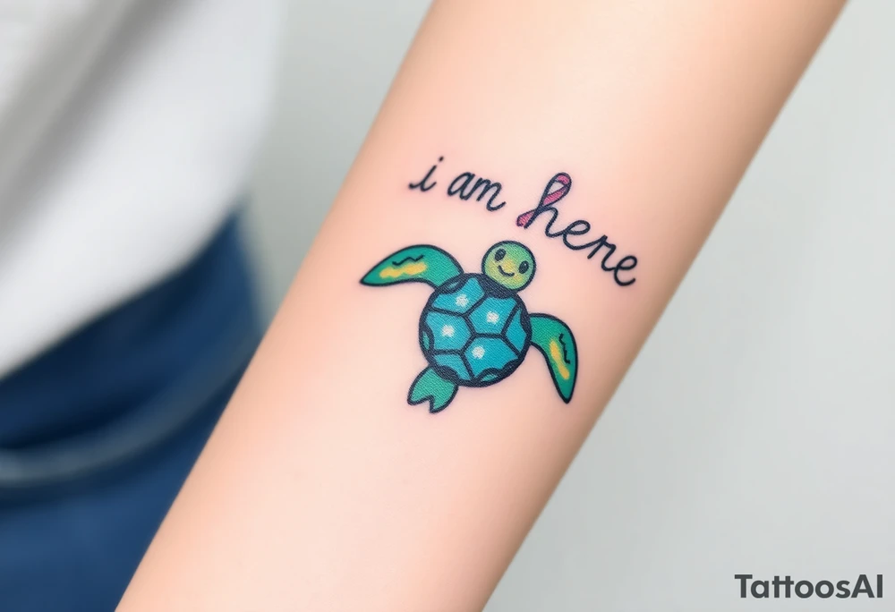 ‘I am here’ with breast cancer pink ribbon as I with Hawaiian theme sea turtle tattoo idea