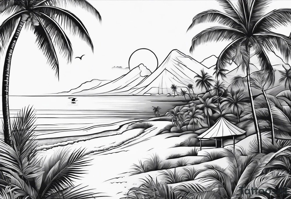 fine line beach landscape on upper arm with palm trees tattoo idea fine line beach landscape on upper arm with palm trees tattoo idea