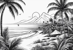 fine line beach landscape on upper arm with palm trees tattoo idea