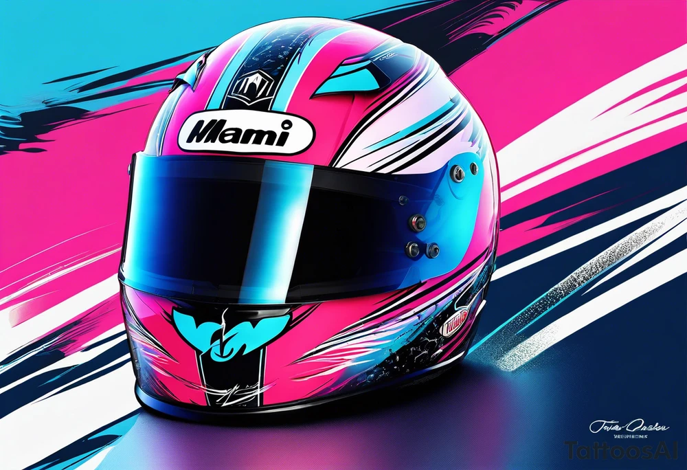 Formula 1 helment with the Miami name a palm tree and light blue black and pink colors 3/4 view tattoo idea