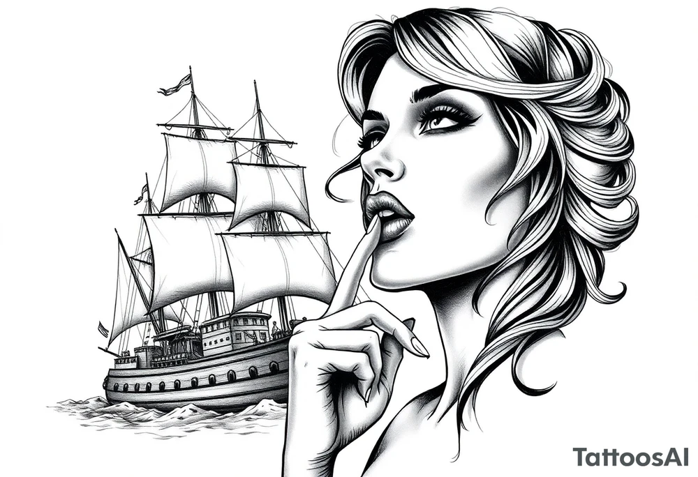 Old school ship and a realistic portrait of sexualised woman with her finger to her lips. Must say: Loose lips sink ships tattoo idea