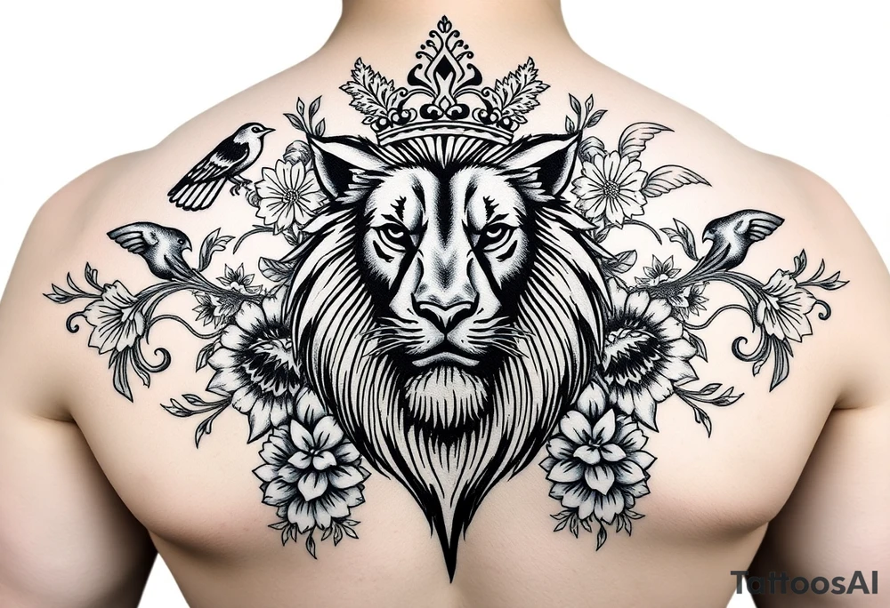powerful majestic lion with a crown, surrounded by floral ornaments and birds tattoo idea