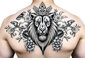 powerful majestic lion with a crown, surrounded by floral ornaments and birds tattoo idea