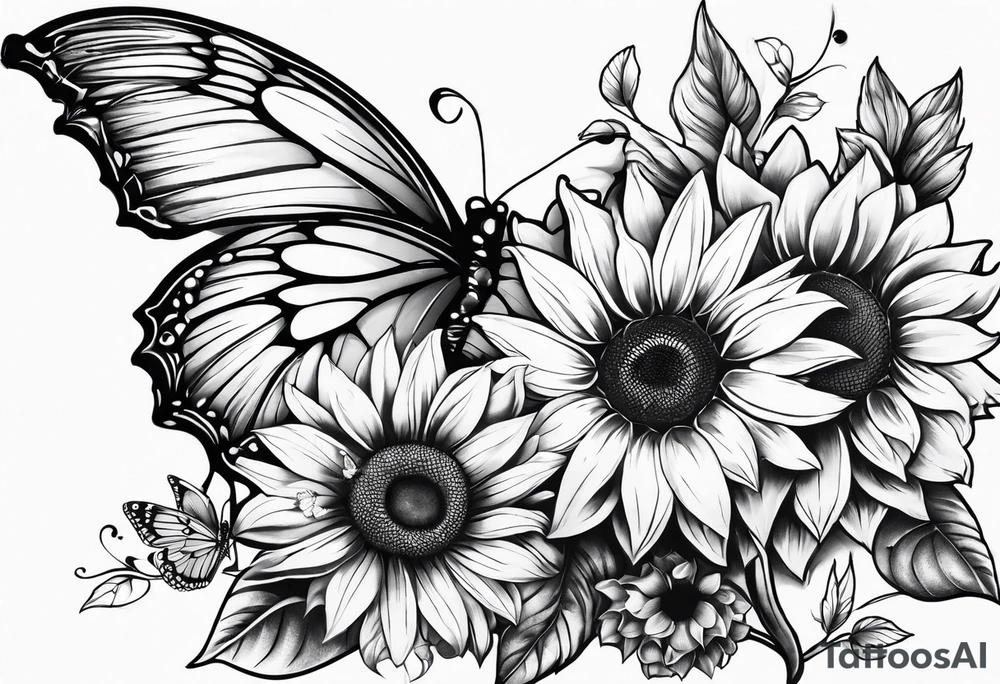 Sleeve with angel wings, sunflower and butterfly tattoo idea