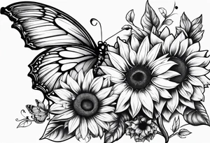 Sleeve with angel wings, sunflower and butterfly tattoo idea