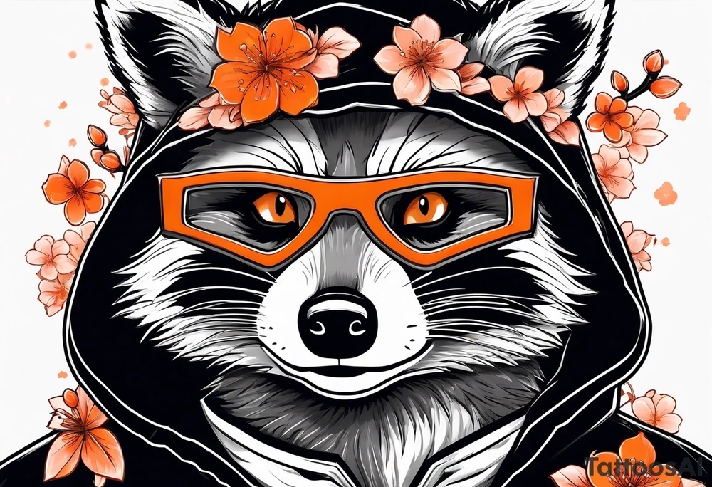 Raccoon wearing a white Superman logo on a black hoodie and orange Japanese cherry blossoms tattoo idea
