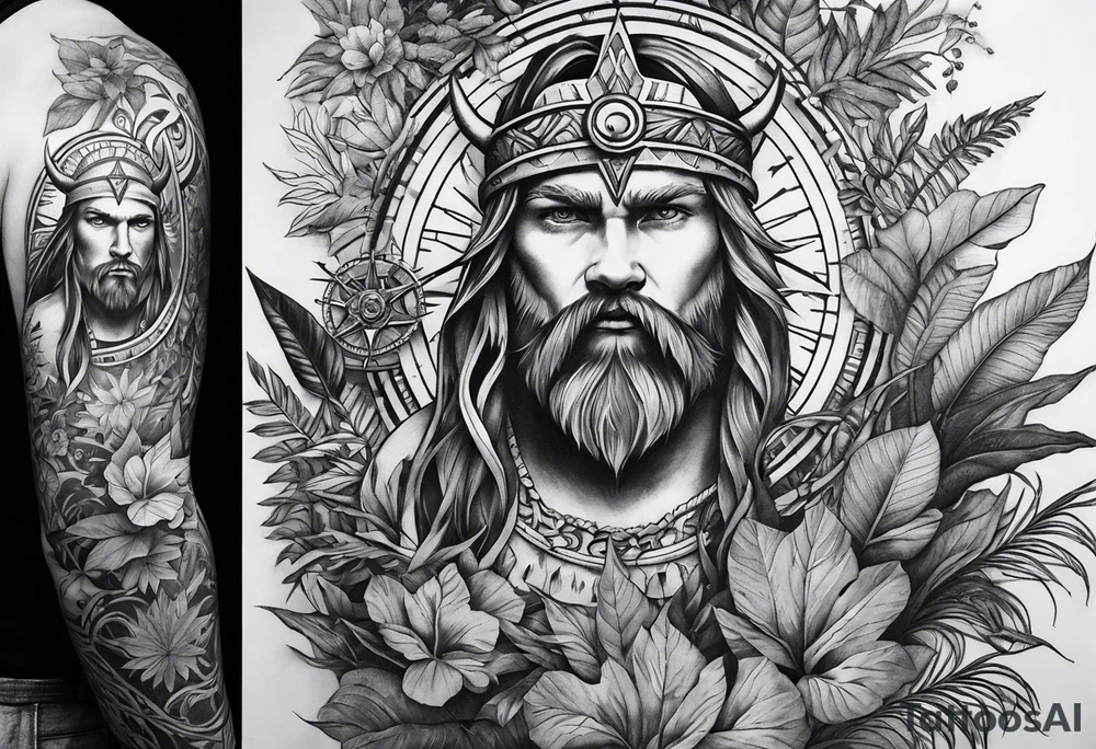 full arm sleeve tattoo with Viking compass and all-seeing eye surrounded by jungle plants tattoo idea