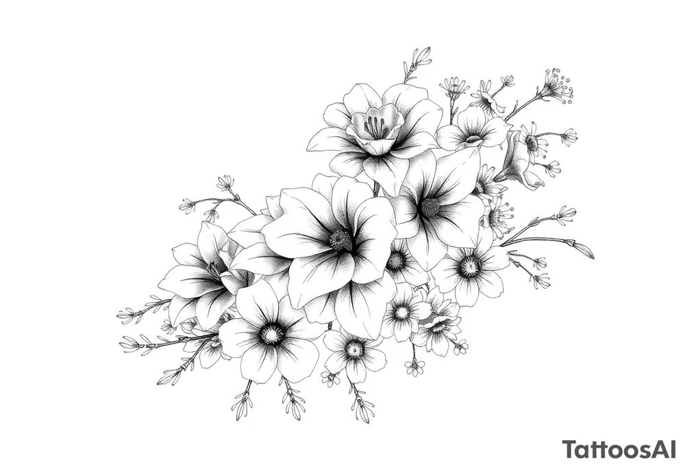 Arm and shoulder tattoo including roses, Lilly’s, daisys and small flowers tattoo idea