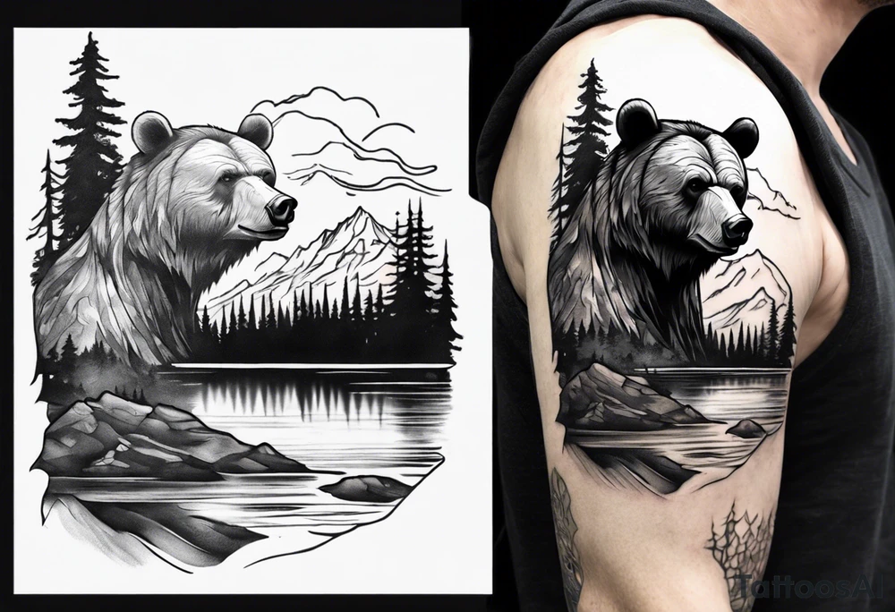 bear head right above the forest line with a lake below, full arm sleeve tattoo tattoo idea