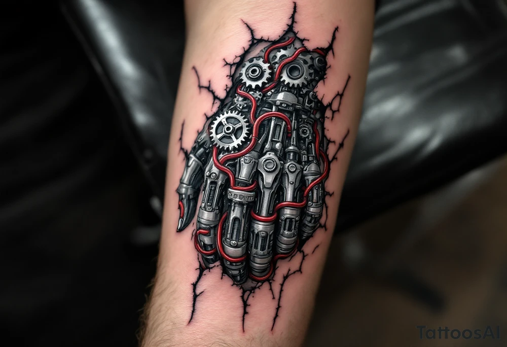 A biomechanical hand tattoo with silver gears and red hydraulic tubes woven through torn skin. tattoo idea
