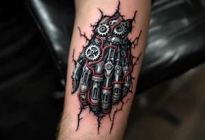 A biomechanical hand tattoo with silver gears and red hydraulic tubes woven through torn skin. tattoo idea