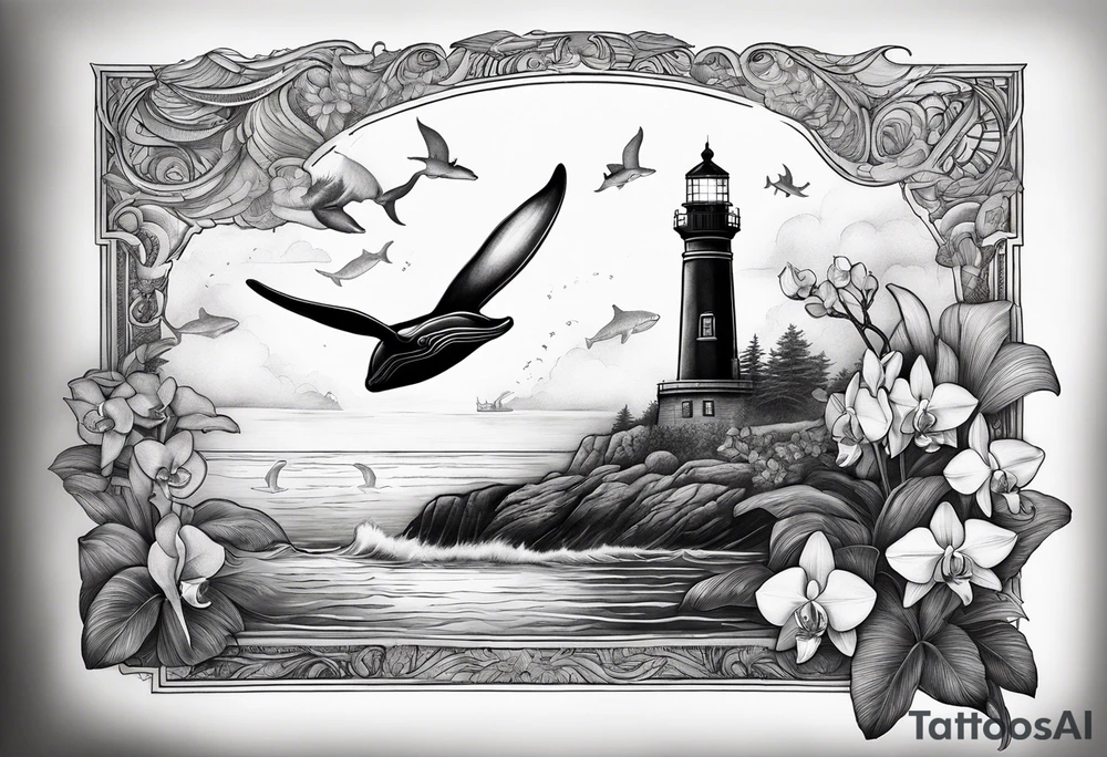 Lighthouse on a beach with light on in the fog and a humpback whale's tail sticking out of the water of the ocean with a border containing an anchor and orchids tattoo idea