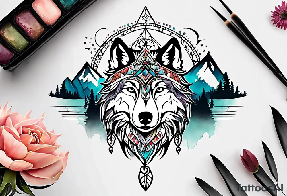 A whimsical wolf tattoo featuring mandala or dream catcher elements, with the wolf as the central focus. Show the wolves whole body standing surrounded by mountains in the background. Include flowers and nature elements to fill the space around the wolf. Some color but not completely solid bold color tattoo idea