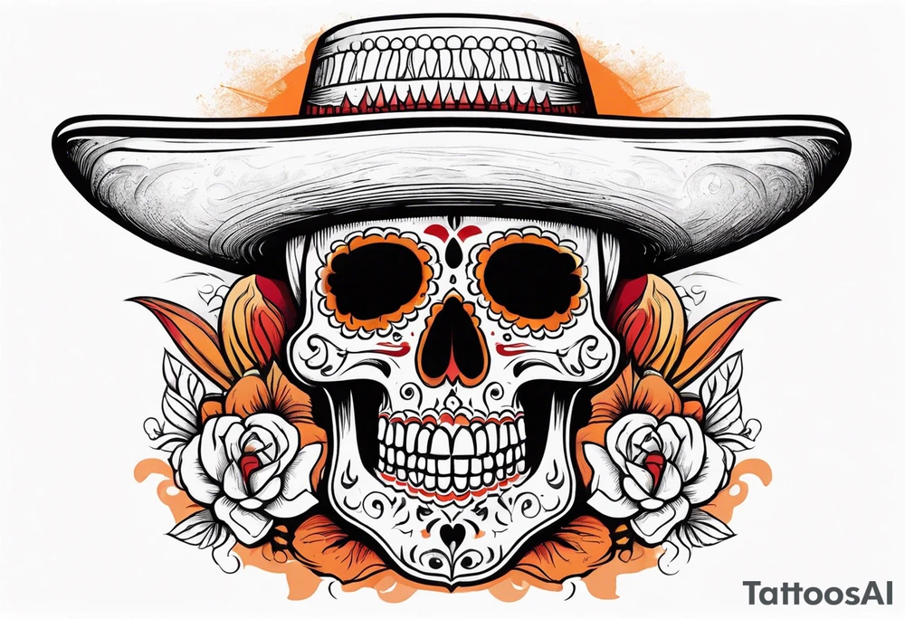 Mexican skull with sombrero with smoke coming out of the bottom orange and red tattoo idea