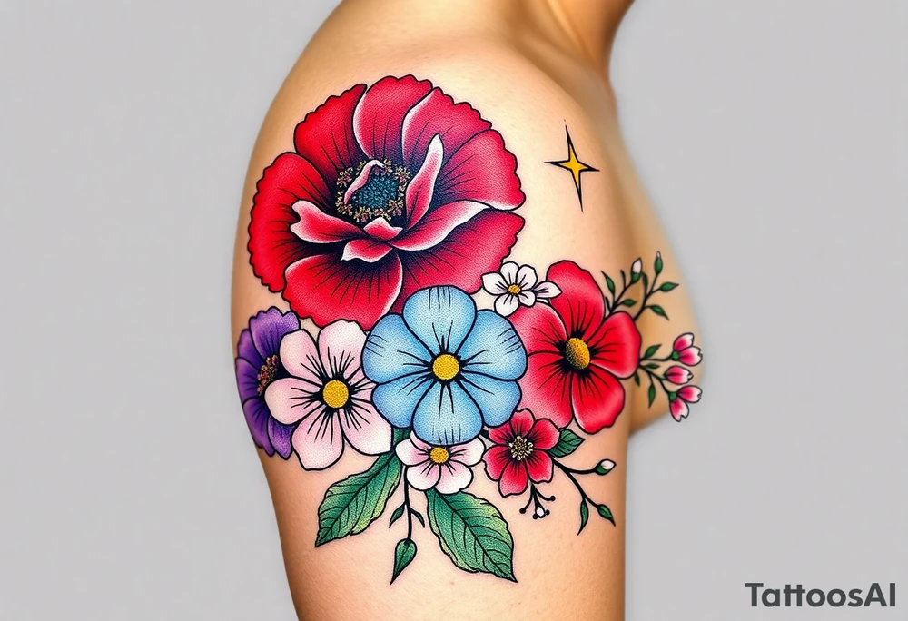 Upper left arm, wrapping slightly from the shoulder to the mid-upper arm, ending at the natural mid-arm curve.

Top center: Large red carnation
Left side: Purple pansy above a blue cosmos flower
Right side: Pink cosmos above a red cosmos
White flowers:
3 between the purple and blue flowers
2 below the pink/red flowers
3 on the branch extending from the right side of the carnation
2 on a branch connecting from the right side of the carnation to the top of the purple pansy
(bouquet)
Neo-Traditional with Realism influence
Bold, clean black outlines
Flat, rich color gradients
Realistic flower detailing: natural petal texture, realistic shading, and depth
Flowing, realistic green branches and leaves
Fine black dots and small line accents
Small gold star next to the top red carnation

 brown skin tone tattoo idea