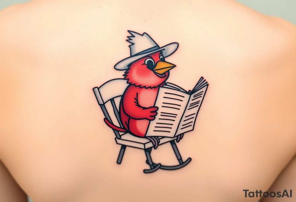 A cardinal wearing a cowboy hat, sitting in a rocking chair reading a newspaper tattoo idea