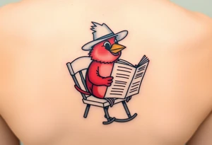 A cardinal wearing a cowboy hat, sitting in a rocking chair reading a newspaper tattoo idea