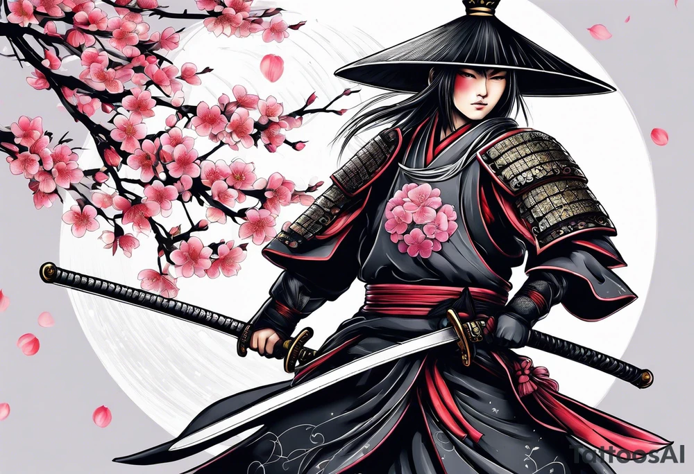 Japanese samurai sword sakura moon tattoo idea