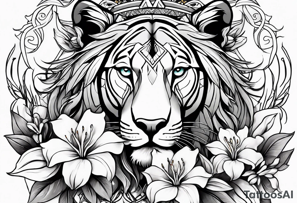 Tribal Lioness with lilies all over tattoo idea