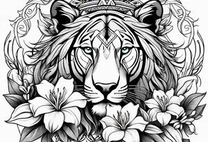 Tribal Lioness with lilies all over tattoo idea