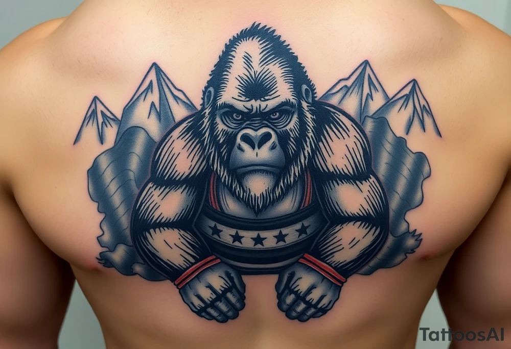 Silverback gorilla wearing amateur wrestling attire for a match as a person would. The surrounding area is mountainous jungle tattoo idea