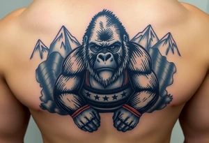 Silverback gorilla wearing amateur wrestling attire for a match as a person would. The surrounding area is mountainous jungle tattoo idea