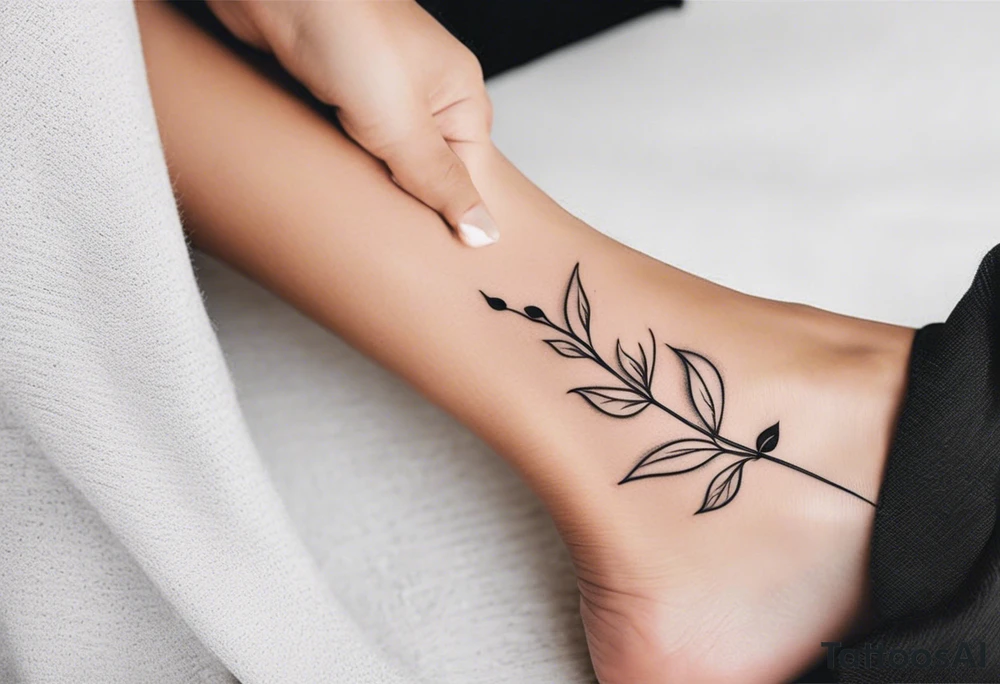 delicate feminine tattoo, plant stem ornament with leaves and shading around the ankle with an overlap on the foot.  at the ends of the stem the letters D, K tattoo idea
