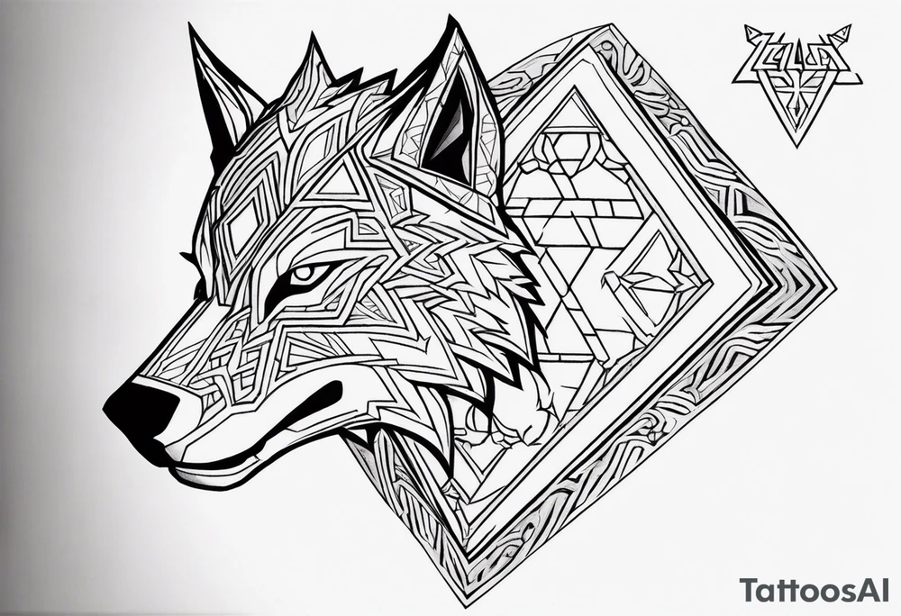 Legend of zelda link wolf in side profile muzzle facing th ebottom 
, in the center of his forhead is a diamond shape with a dot in the middle done in the style of black line work.  His mouth should be open snarling tattoo idea