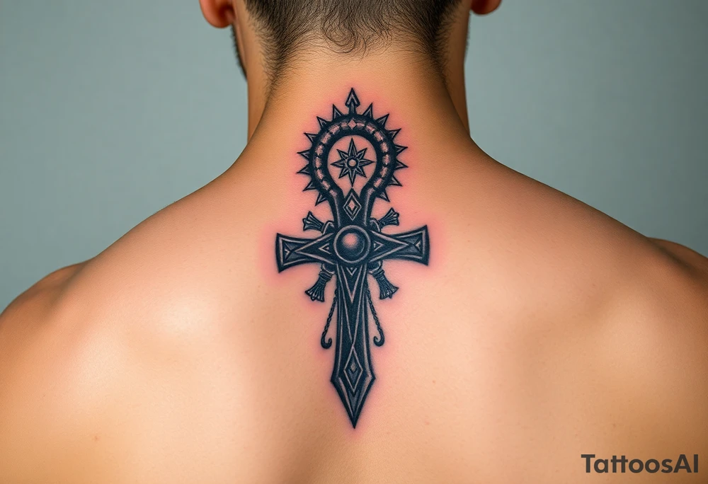 Black ankh with small details tattoo idea
