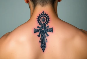 Black ankh with small details tattoo idea