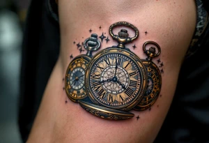 Three interwoven pocket watches in antique bronze, shimmering silver, and royal gold, each frozen at a meaningful time. tattoo idea