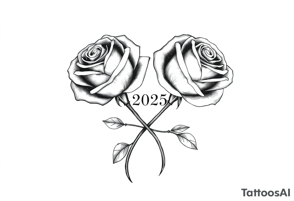 two beautiful roses with their stems intertwined, separated by "2025" written between them tattoo idea