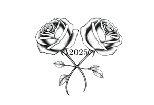 two beautiful roses with their stems intertwined, separated by "2025" written between them tattoo idea